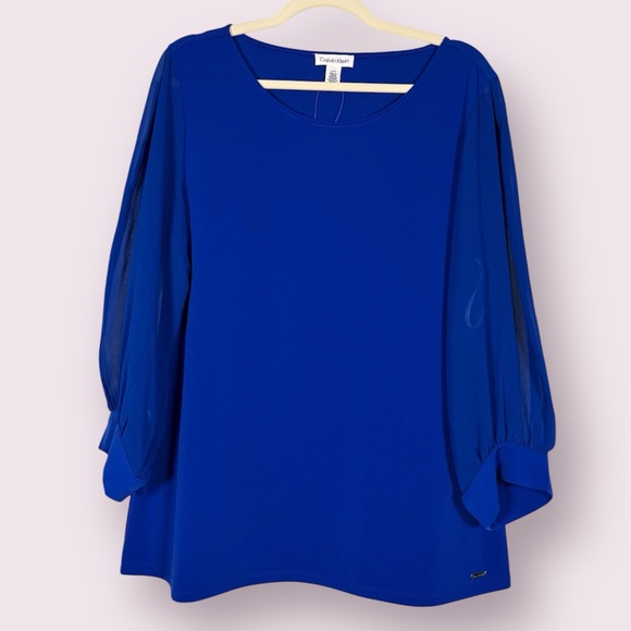 Calvin Klein Tops - Calvin Klein Sheer Long Sleeve Blouse in Admiral Blue Size Large